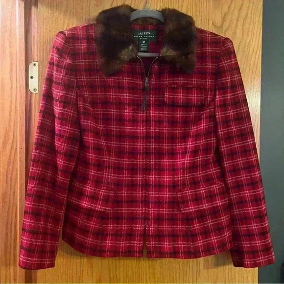 Vintage lauren ralph lauren red plaid faux fur collar jacket women's 8P - Picture 5 of 12
